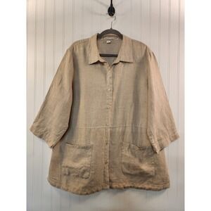 Coldwater Creek Women's Tan 100% Linen Button-Up Tunic Top Size 1X 3/4 Sleeves